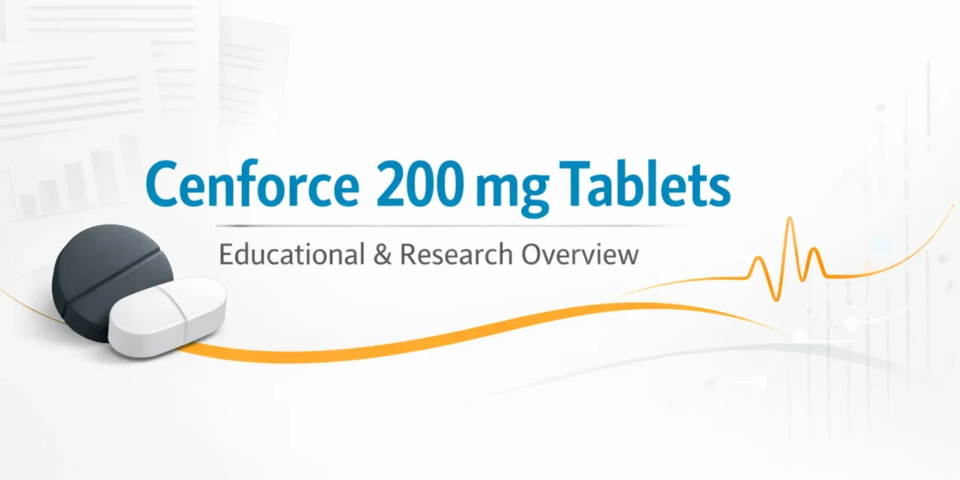 Clean educational illustration showing generic tablets with medical research elements representing Cenforce 200 mg tablets overview.