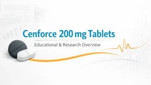 Clean educational illustration showing generic tablets with medical research elements representing Cenforce 200 mg tablets overview.