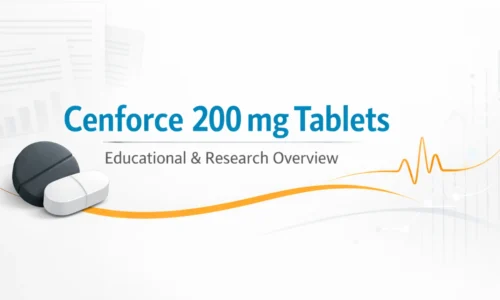 Clean educational illustration showing generic tablets with medical research elements representing Cenforce 200 mg tablets overview.