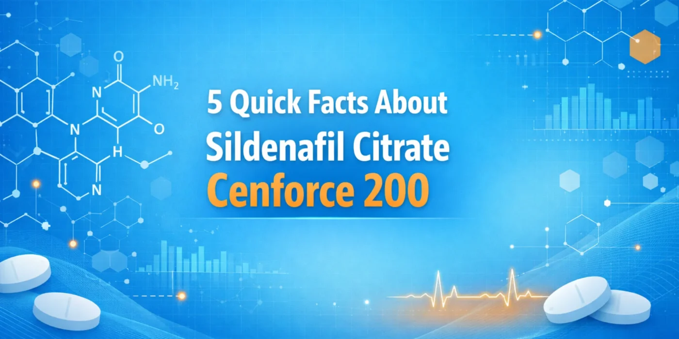 Medical informational graphic showing abstract pharmaceutical elements representing sildenafil citrate Cenforce 200, with molecular patterns and tablet silhouettes on a blue scientific background.