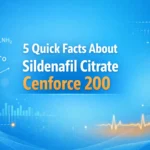 Medical informational graphic showing abstract pharmaceutical elements representing sildenafil citrate Cenforce 200, with molecular patterns and tablet silhouettes on a blue scientific background.