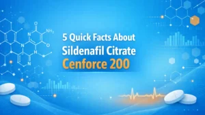 Medical informational graphic showing abstract pharmaceutical elements representing sildenafil citrate Cenforce 200, with molecular patterns and tablet silhouettes on a blue scientific background.