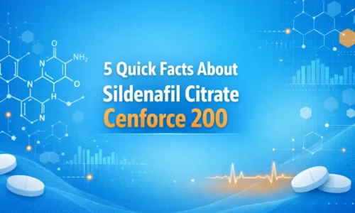 Medical informational graphic showing abstract pharmaceutical elements representing sildenafil citrate Cenforce 200, with molecular patterns and tablet silhouettes on a blue scientific background.