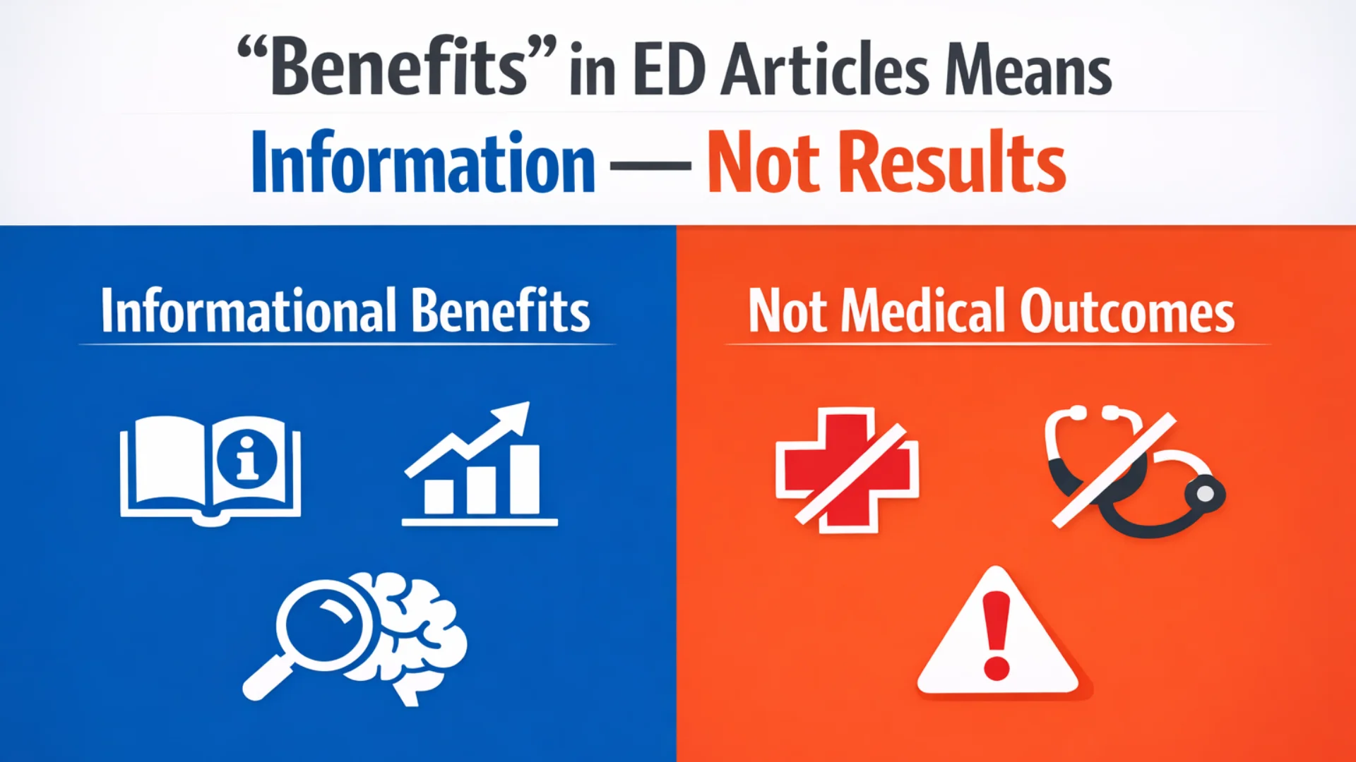 Split infographic explaining that benefits mentioned in ED articles, including content referencing 200 mg Cenforce, are informational only and not guaranteed medical outcomes