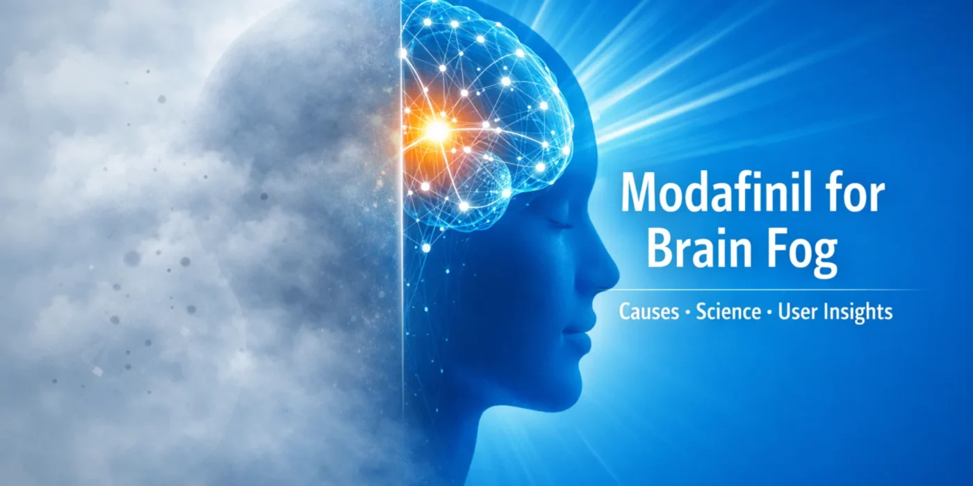 Abstract human head illustration showing transition from brain fog to mental clarity, representing how modafinil is studied for cognitive alertness