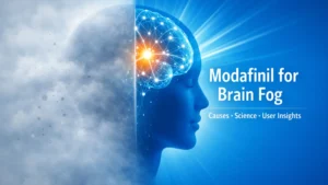 Abstract human head illustration showing transition from brain fog to mental clarity, representing how modafinil is studied for cognitive alertness