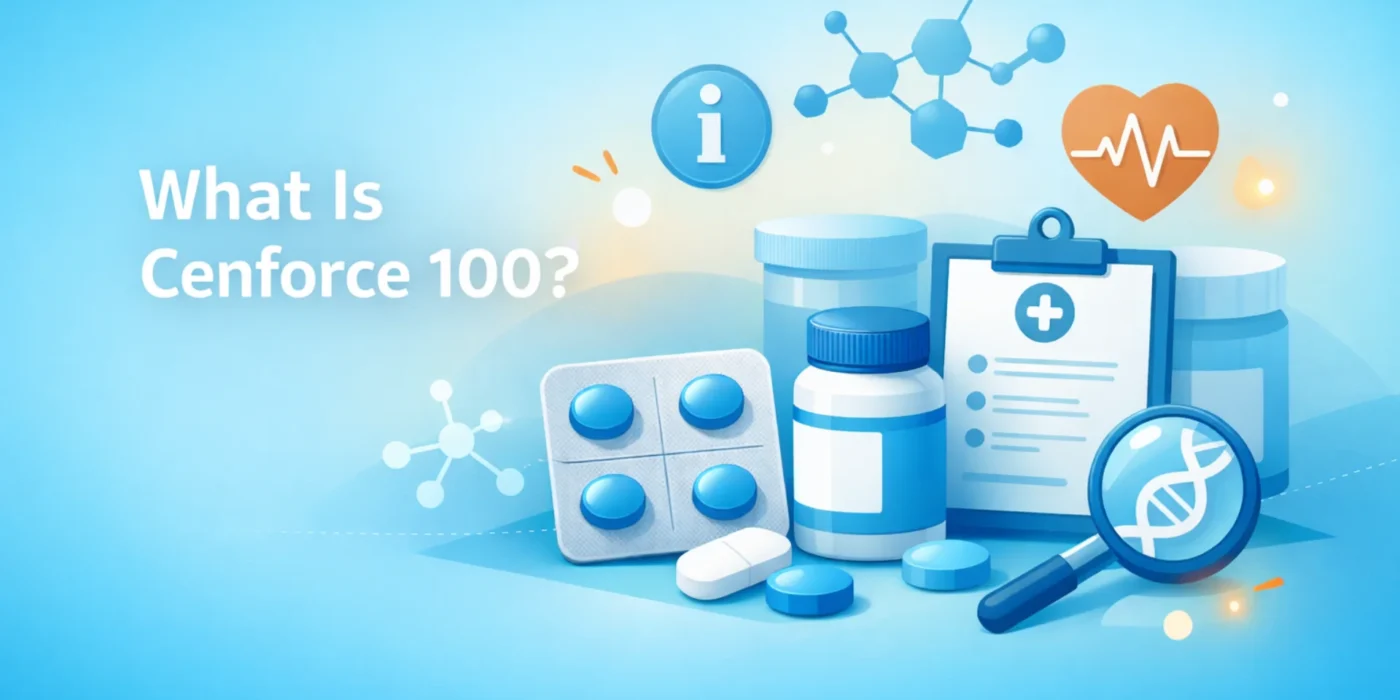 Illustration explaining what Cenforce 100 is, with medical icons, pill silhouettes, and informational healthcare design