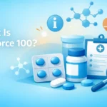 Illustration explaining what Cenforce 100 is, with medical icons, pill silhouettes, and informational healthcare design