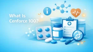 Illustration explaining what Cenforce 100 is, with medical icons, pill silhouettes, and informational healthcare design
