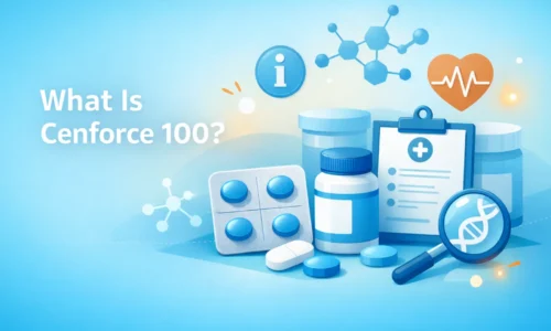 Illustration explaining what Cenforce 100 is, with medical icons, pill silhouettes, and informational healthcare design