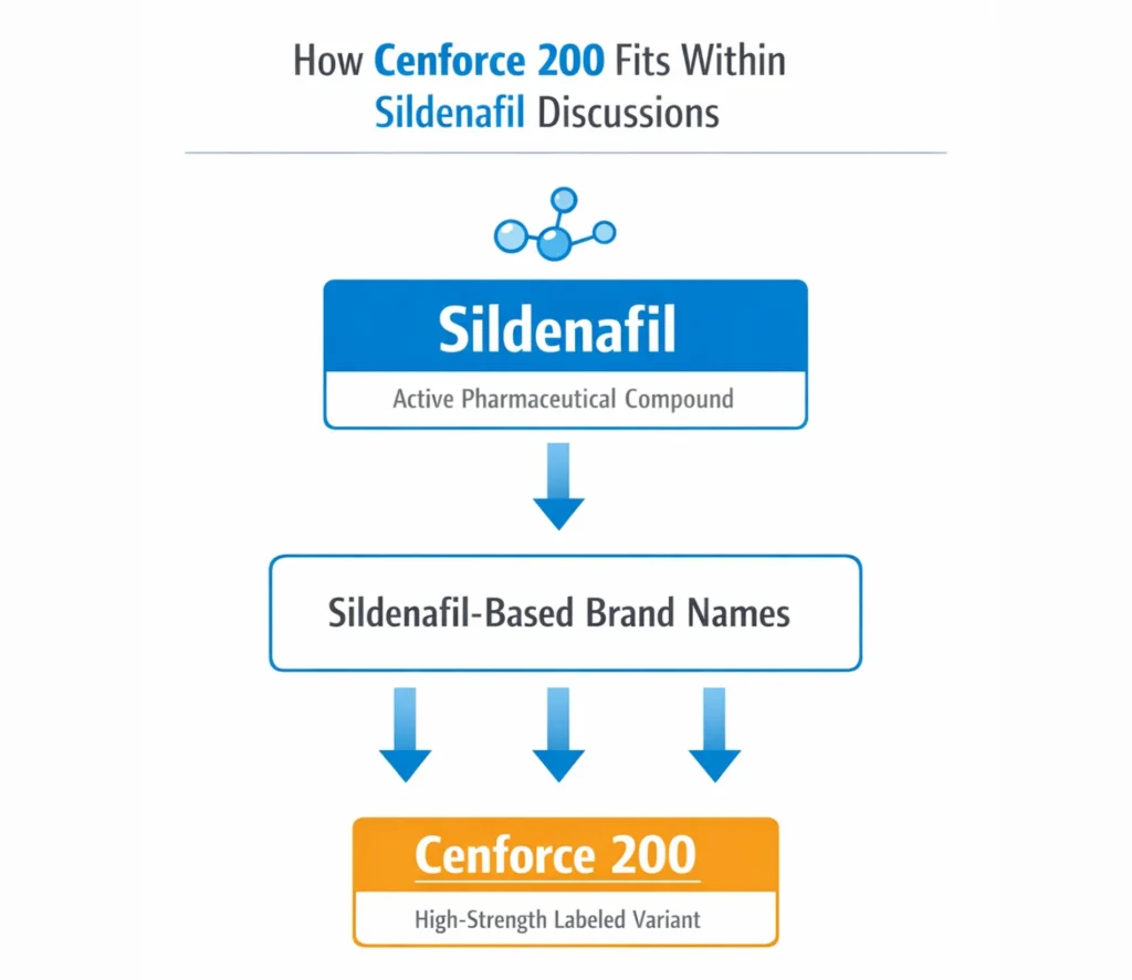 What Is Cenforce 200 infographic explaining sildenafil as a compound, branded sildenafil naming categories, and Cenforce 200 as a labeled reference variant.