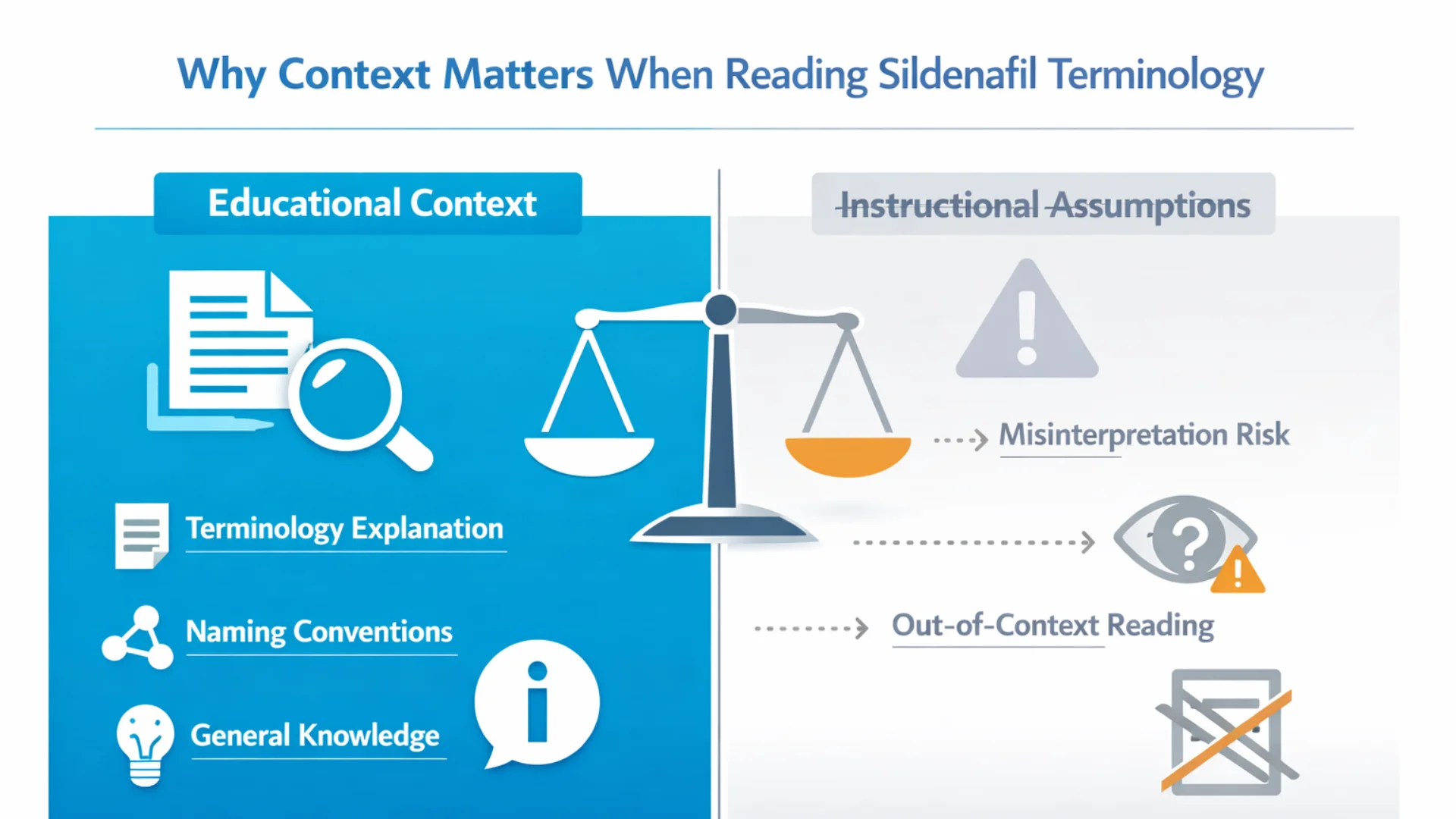 Conceptual infographic explaining why context matters when reading pharmaceutical terms like Sildenafil Citrate Cenforce 200, highlighting educational context versus incorrect instructional assumptions.