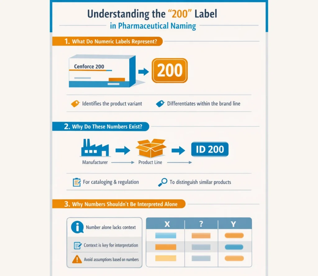 What Is Cenforce 200? Educational infographic explaining numeric labels in pharmaceutical product naming and why numbers should be interpreted in proper context