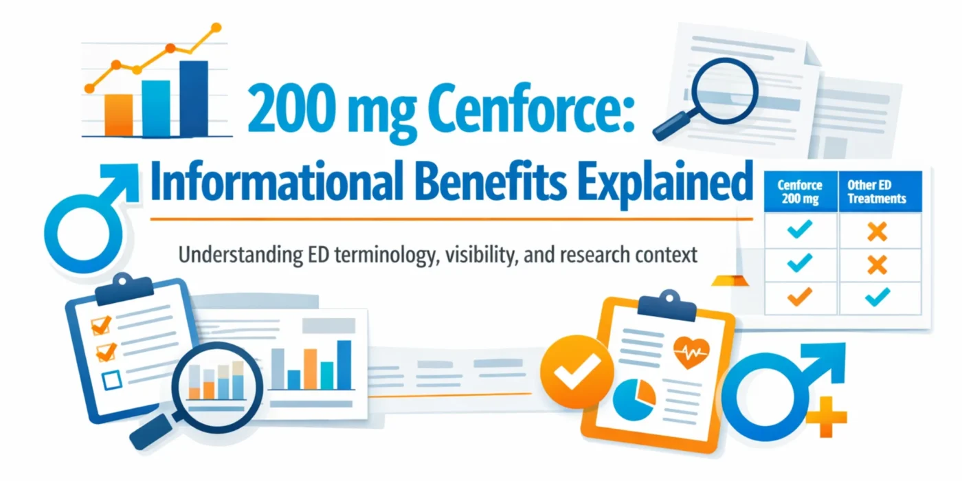 200 mg Cenforce informational benefits explained with medical charts, ED terminology, and research context in a clean educational layout
