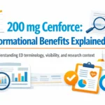 200 mg Cenforce informational benefits explained with medical charts, ED terminology, and research context in a clean educational layout
