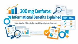 200 mg Cenforce informational benefits explained with medical charts, ED terminology, and research context in a clean educational layout