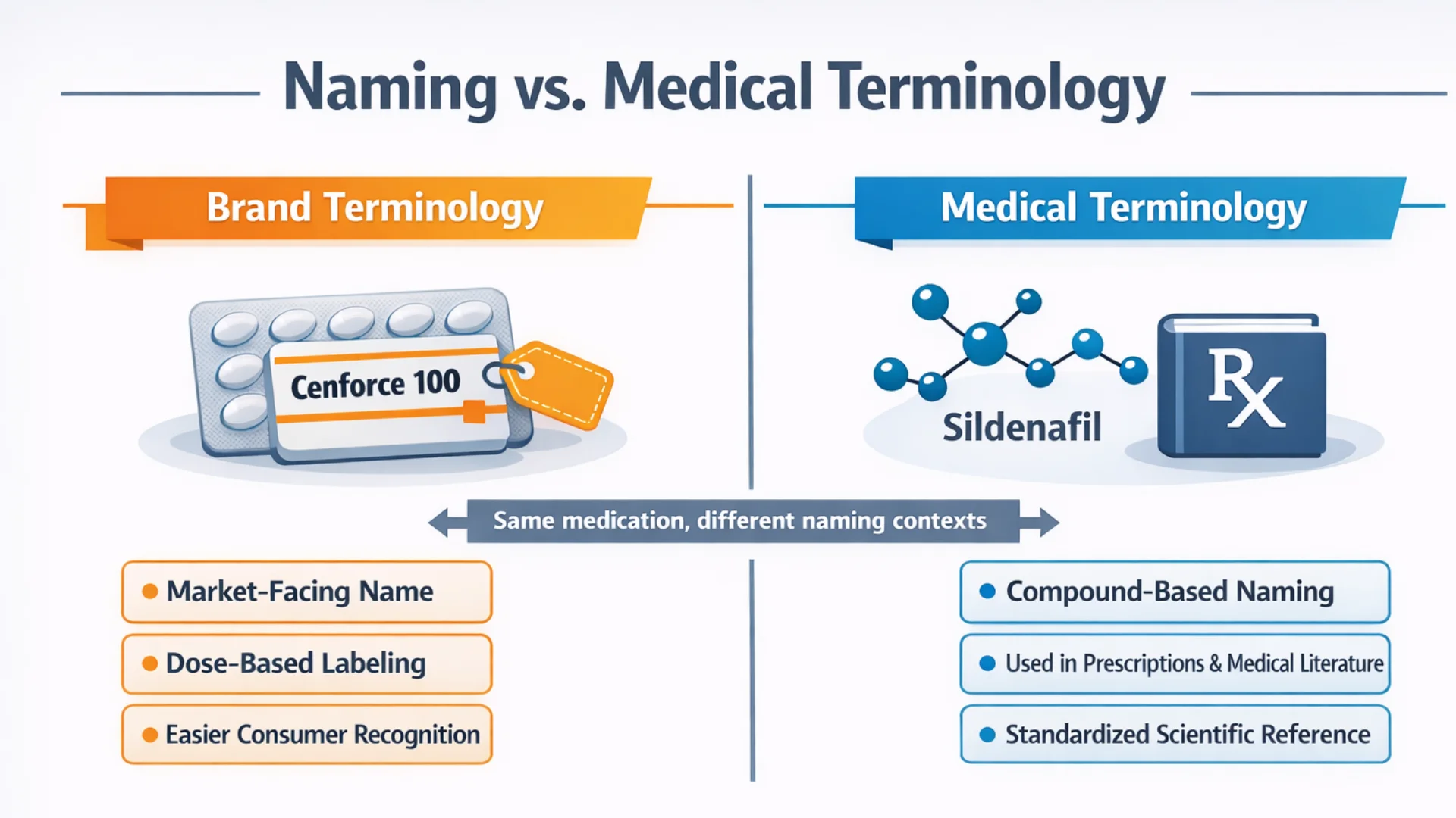 What Is Cenforce 100 infographic comparing brand naming Cenforce 100 with medical terminology Sildenafil, explaining differences between consumer brand names and compound-based medical terms