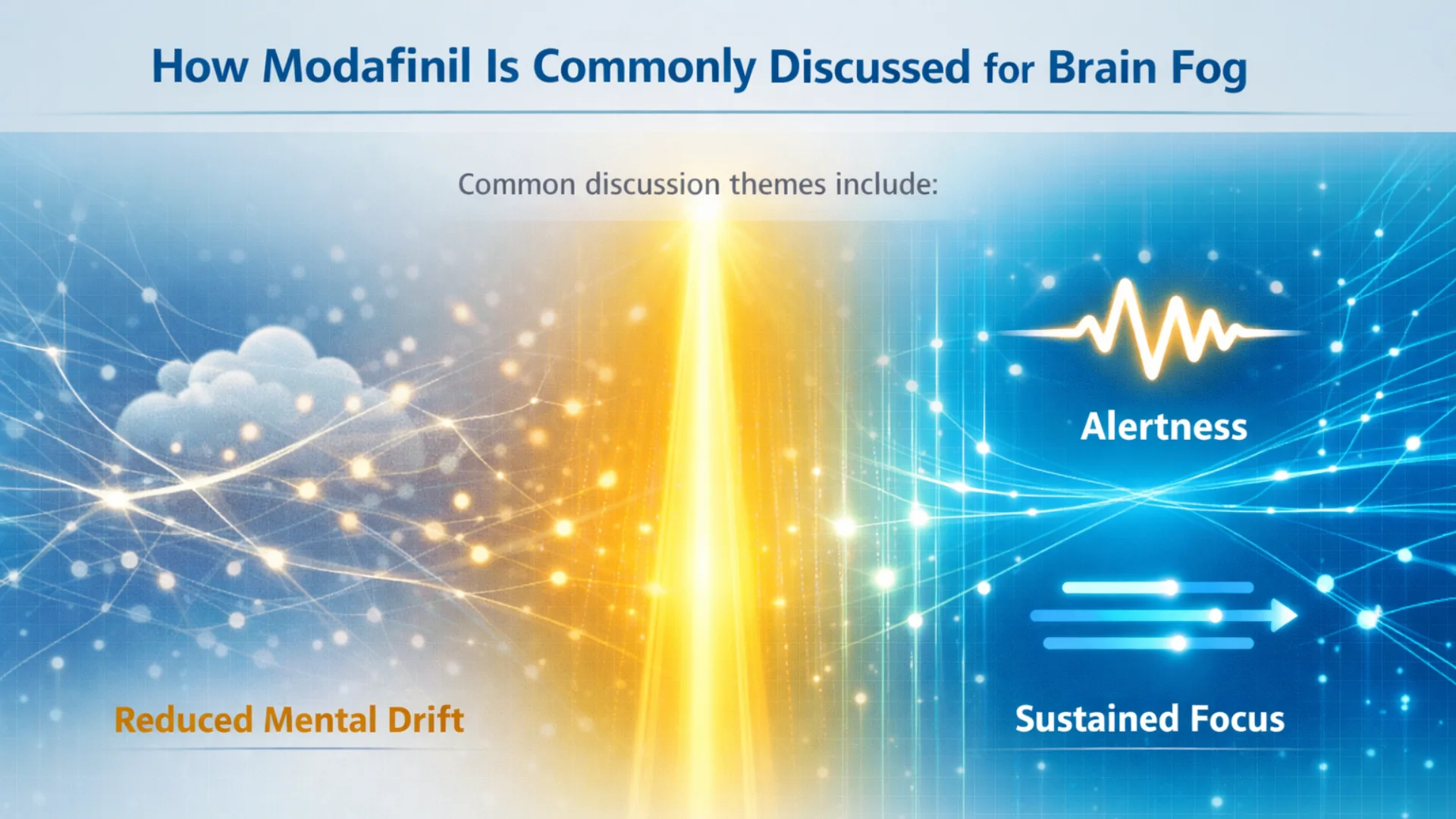 Abstract infographic illustrating brain fog concepts with neural patterns symbolizing alertness and focused attention.