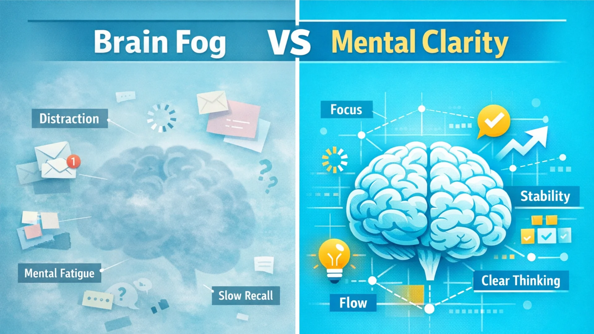 Brain fog vs mental clarity comparison infographic showing distraction and mental fatigue versus focus and clear thinking, illustrating how Modafinil for Brain Fog is commonly discussed in cognitive performance topics