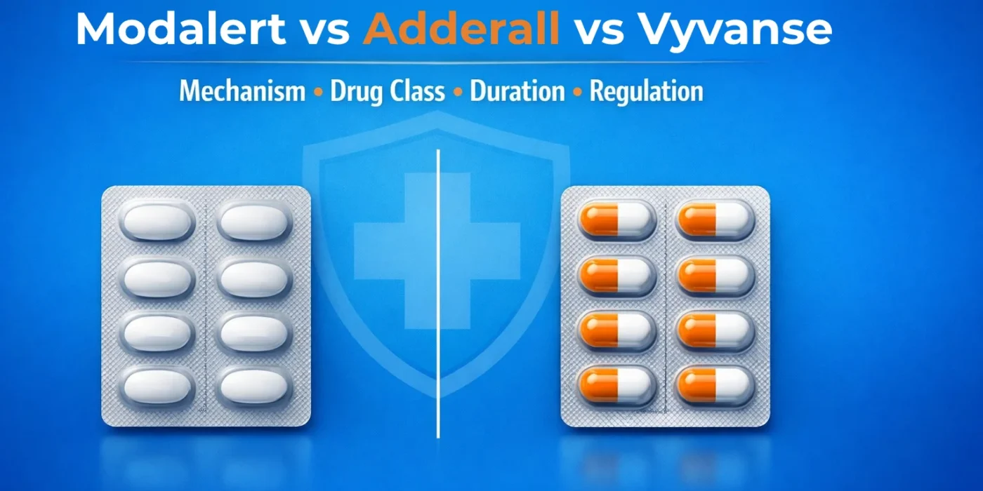 Modalert vs Adderall vs Vyvanse comparison banner showing generic modafinil tablets and stimulant capsules with mechanism, drug class, duration, and regulation highlights