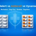 Modalert vs Adderall vs Vyvanse comparison banner showing generic modafinil tablets and stimulant capsules with mechanism, drug class, duration, and regulation highlights