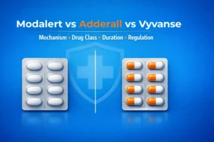 Modalert vs Adderall vs Vyvanse comparison banner showing generic modafinil tablets and stimulant capsules with mechanism, drug class, duration, and regulation highlights
