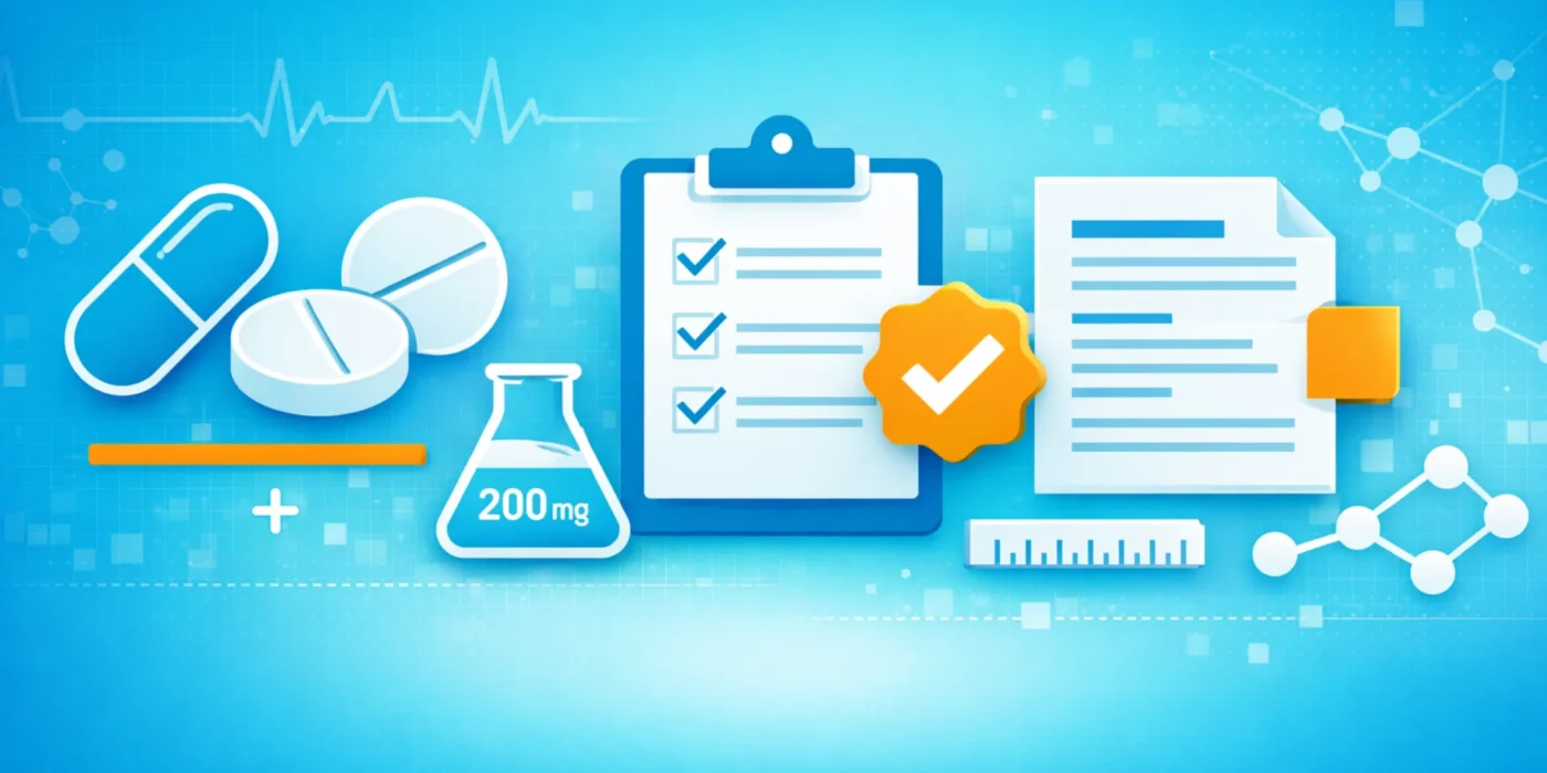 Abstract medical illustration showing Modalert 200 mg dosage information with tablet icons, checklist, and regulatory symbols on a blue healthcare background.
