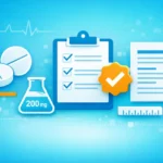 Abstract medical illustration showing Modalert 200 mg dosage information with tablet icons, checklist, and regulatory symbols on a blue healthcare background.