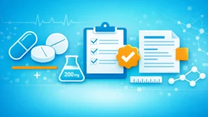 Abstract medical illustration showing Modalert 200 mg dosage information with tablet icons, checklist, and regulatory symbols on a blue healthcare background.