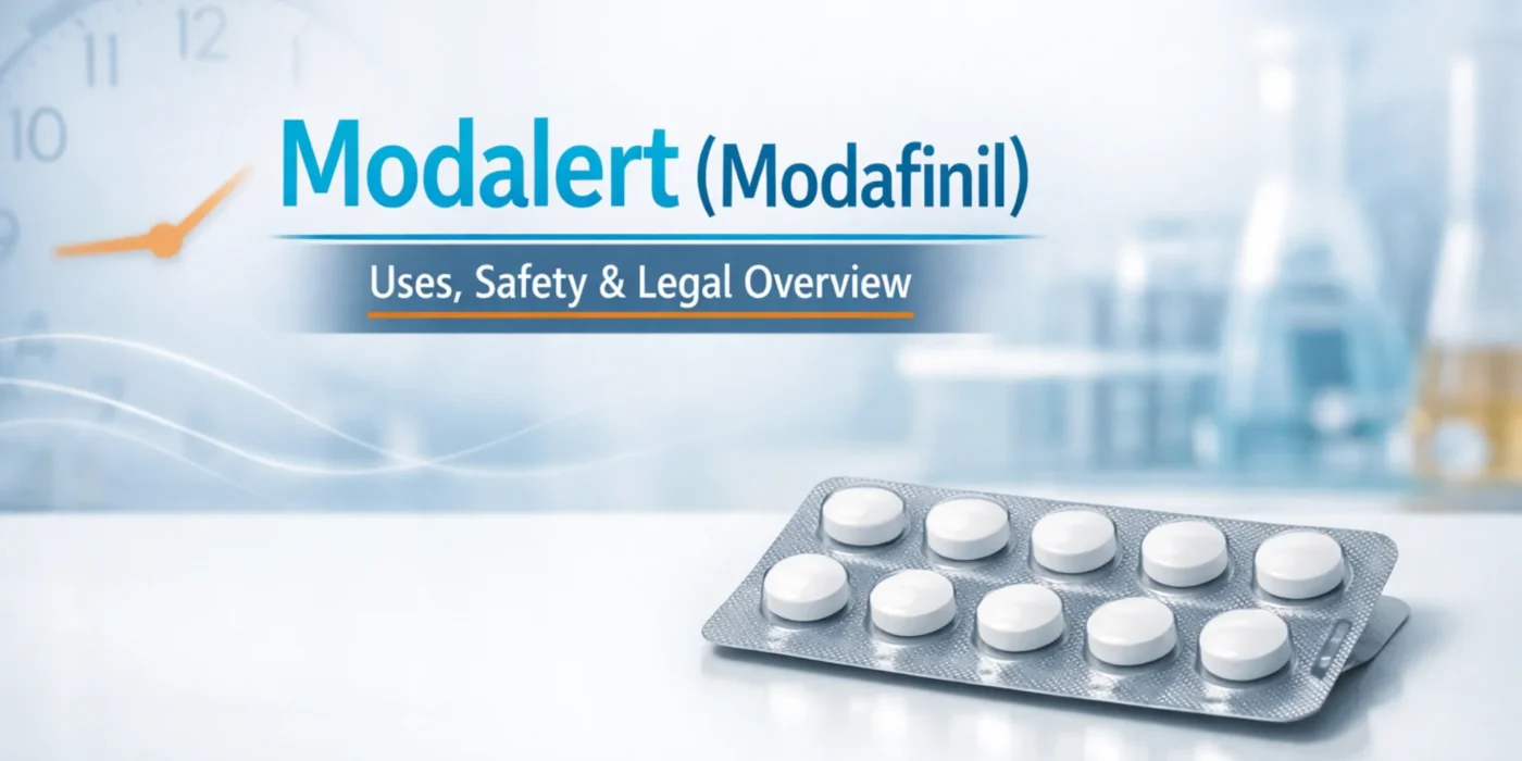 Blister pack of white Modalert tablets on a clinical surface with Modalert (Modafinil) uses, safety and legal overview text