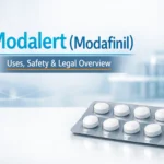 Blister pack of white Modalert tablets on a clinical surface with Modalert (Modafinil) uses, safety and legal overview text