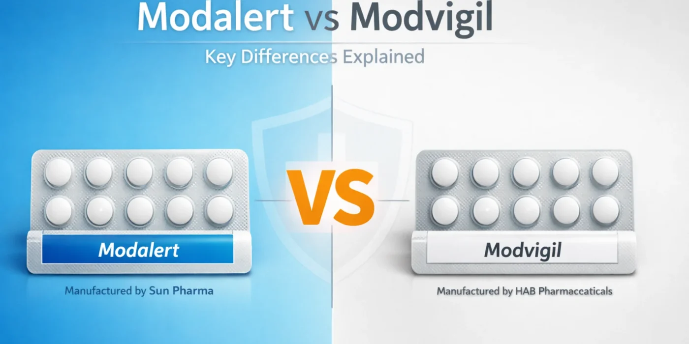 Side-by-side comparison banner of Modalert and Modvigil blister packs with VS graphic and manufacturer details for educational purposes