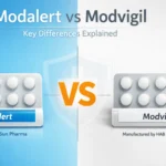 Side-by-side comparison banner of Modalert and Modvigil blister packs with VS graphic and manufacturer details for educational purposes