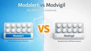 Side-by-side comparison banner of Modalert and Modvigil blister packs with VS graphic and manufacturer details for educational purposes