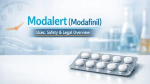 Blister pack of white Modalert tablets on a clinical surface with Modalert (Modafinil) uses, safety and legal overview text