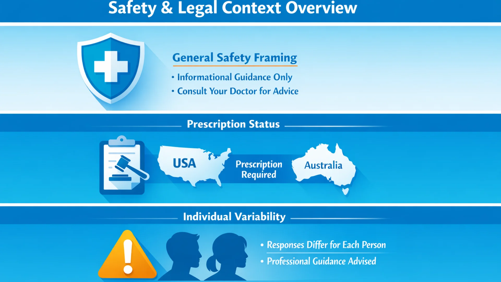 modalert 200 mg safety and legal context overview infographic showing prescription status, general safety framing, and individual variability across regions