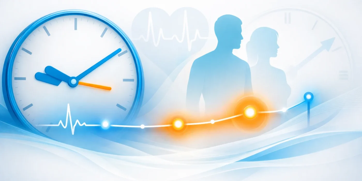 Illustration showing sildenafil onset timing with a clock, timeline, and abstract human silhouettes in a clean medical design