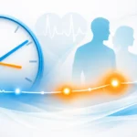 Illustration showing sildenafil onset timing with a clock, timeline, and abstract human silhouettes in a clean medical design