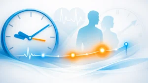 Illustration showing sildenafil onset timing with a clock, timeline, and abstract human silhouettes in a clean medical design