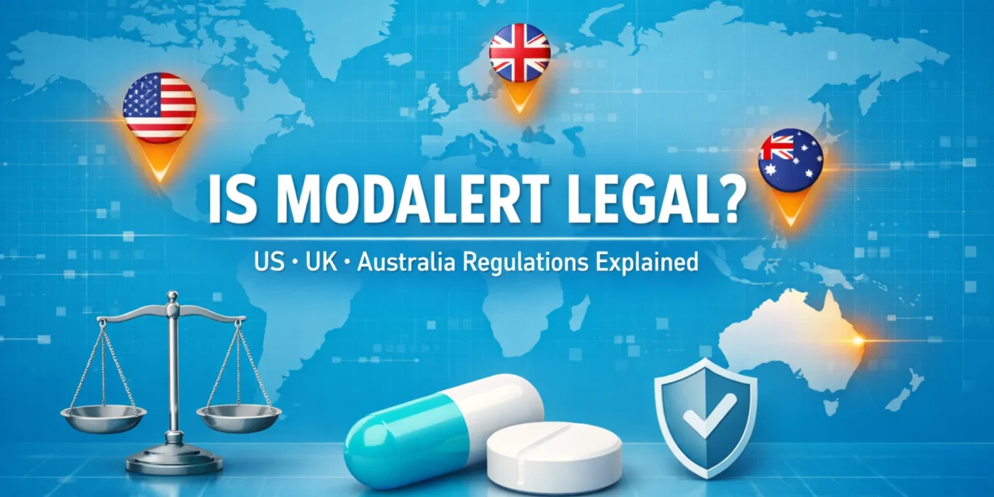 Is Modalert legal in the UK, US and Australia – regulatory overview with world map, capsule illustration and legal compliance symbols