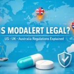 Is Modalert legal in the UK, US and Australia – regulatory overview with world map, capsule illustration and legal compliance symbols