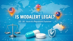 Is Modalert legal in the UK, US and Australia – regulatory overview with world map, capsule illustration and legal compliance symbols