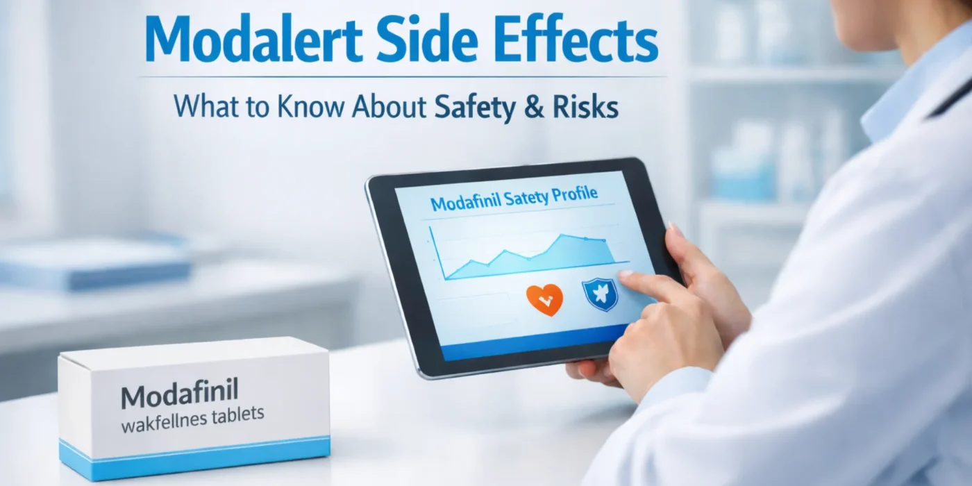 Healthcare professional reviewing a digital Modafinil safety profile chart beside a medicine box labeled “Modafinil wakfellnes tablets” in a modern clinical workspace.