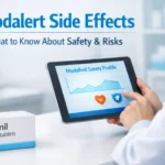 Healthcare professional reviewing a digital Modafinil safety profile chart beside a medicine box labeled “Modafinil wakfellnes tablets” in a modern clinical workspace.