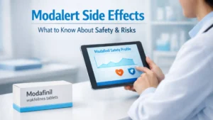 Healthcare professional reviewing a digital Modafinil safety profile chart beside a medicine box labeled “Modafinil wakfellnes tablets” in a modern clinical workspace.