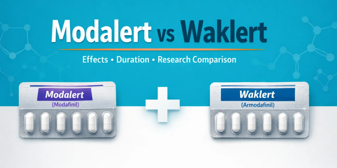 Professional medical infographic banner comparing Modalert (Modafinil) and Waklert (Armodafinil) with highlighted differences in effects, duration, and research context.