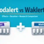 Professional medical infographic banner comparing Modalert (Modafinil) and Waklert (Armodafinil) with highlighted differences in effects, duration, and research context.