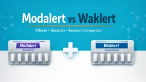 Professional medical infographic banner comparing Modalert (Modafinil) and Waklert (Armodafinil) with highlighted differences in effects, duration, and research context.