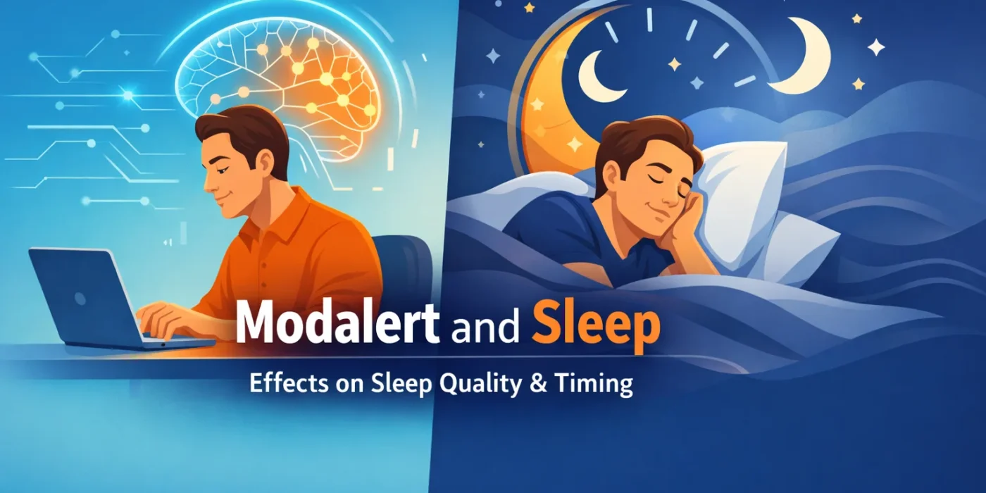 Illustration showing Modalert improving daytime alertness while influencing nighttime sleep and circadian rhythm balance.