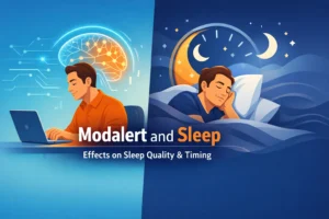 Illustration showing Modalert improving daytime alertness while influencing nighttime sleep and circadian rhythm balance.